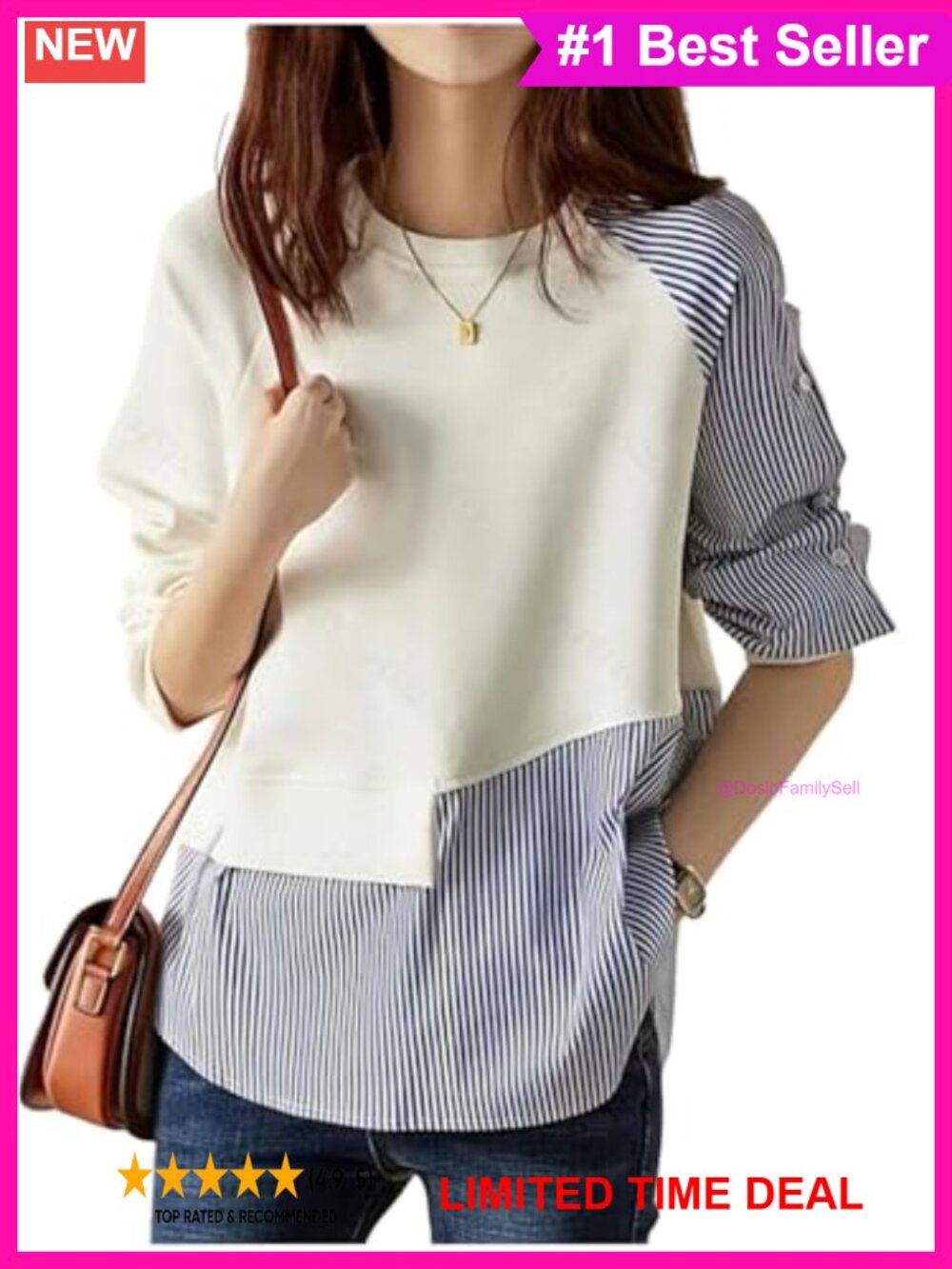 Striped Patchwork Long Sleeve Asymmetrical Button Top